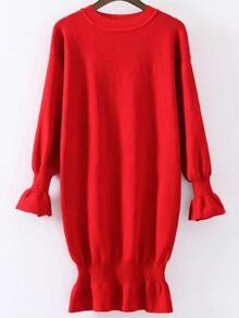Red Ruffle Detail Ribbed Trim Knit Dress