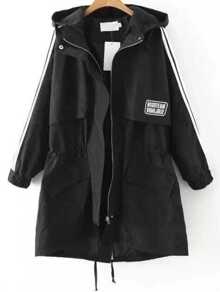 Black Striped Hooded Drawstring Coat