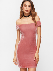 Pink Off The Shoulder Velvet Bodycon Dress