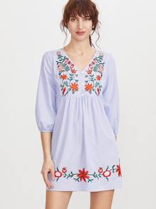Blue Striped Button Front Lantern Sleeve Embroidered Dress