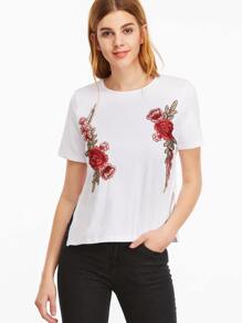 White Flower Embroidered Side Slit T-shirt