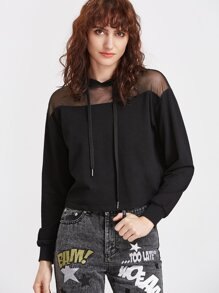 Black Sheer Mesh Shoulder Hoodie