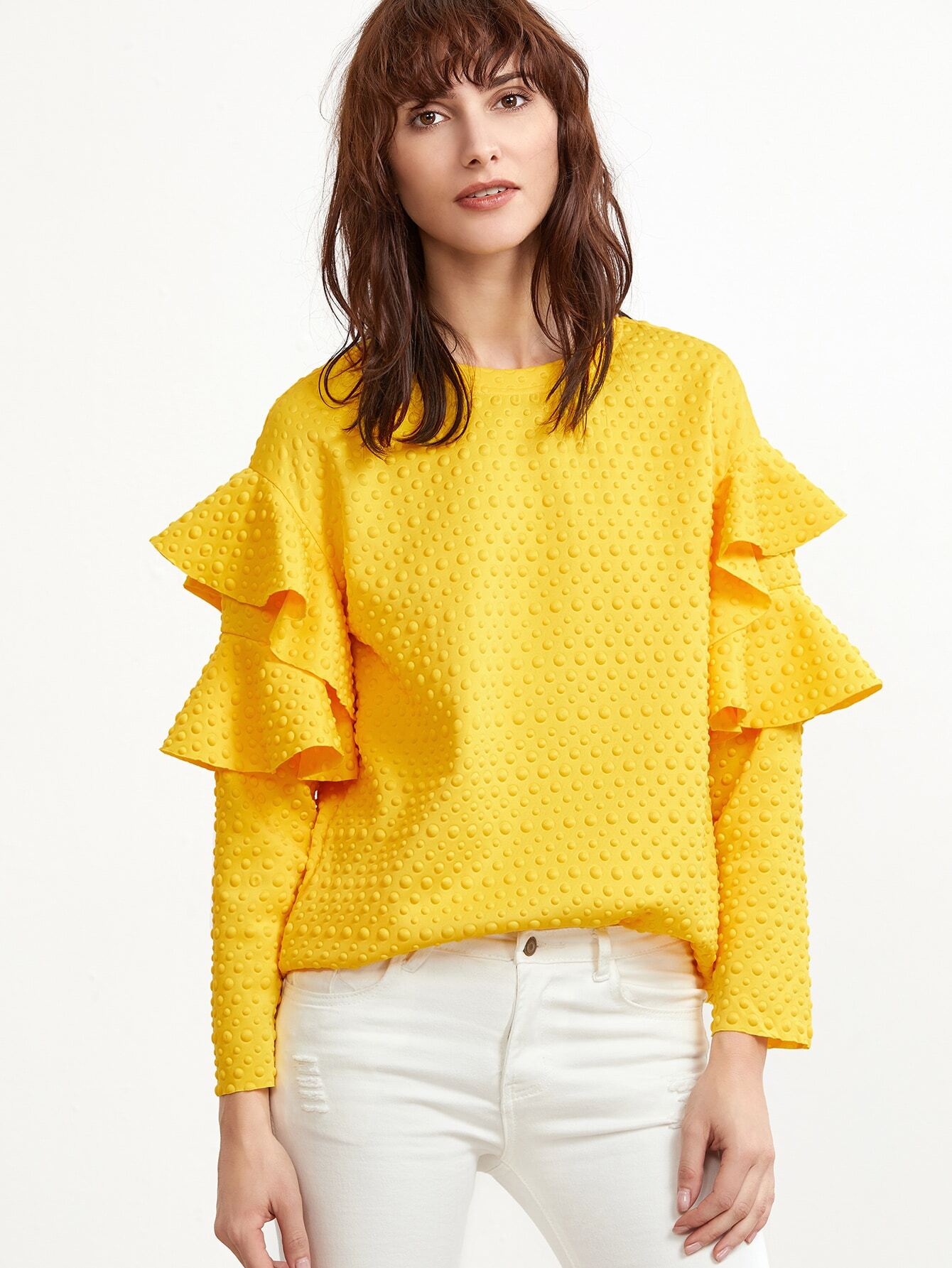 yellow polka dot embossed layered ruffle sleeve blouse emmacloth fast fashion yellow polka dot embossed layered ruffle sleeve blouse emmacloth fast fashion