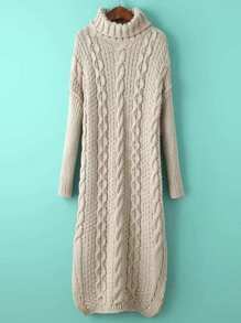 Beige Cable Knit Turtleneck Slit Maxi Sweater Dress