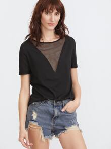 Black Eyelet Mesh V Neck T-shirt