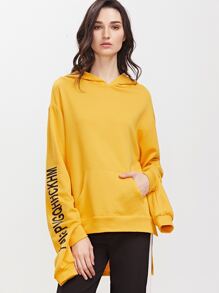 Yellow Letter Print Double Cuff High Low Hoodie With Pocket