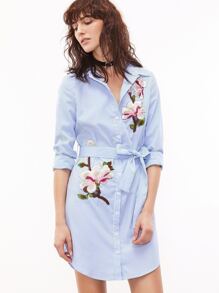 Blue And White Striped Self Belted Embroidered Shirt Dress