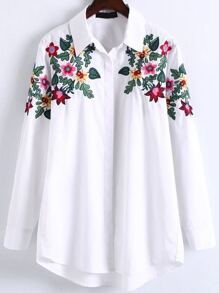 White Floral Embroidery High Low Blouse