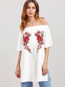 White Off The Shoulder Embroidered Flower Applique Split Front Top