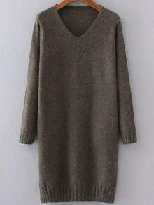 V Neck Cable Knit Detail Slit Sweater Dress