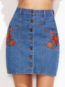 Blue Flower Embroidered Button Up Denim Skirt