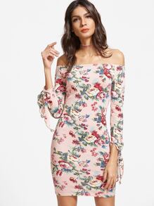 Pink Floral Print Off The Shoulder Tie Sleeve Bodycon Dress
