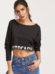 Black Letter Print Drop Shoulder Crop Sweatshirt