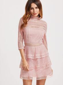 Pink High Neck 3/4 Sleeve Layered Dotted Crochet Dress