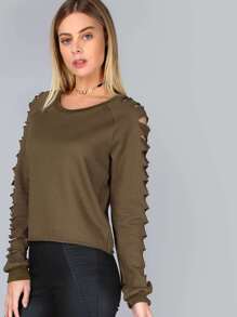 Olive Green Raglan Sleeve Ripped Sweatshirt