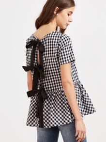 Black And White Checkered Bow Split Back Peplum Top