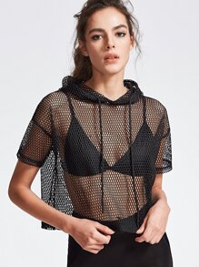 Black Drop Shoulder Crop Fishnet Hooded T-shirt