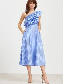 Blue Striped One Shoulder Layered Ruffle Dress