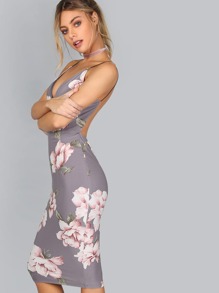 Floral Backless Knee Length Dress GREY MULTI