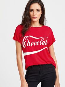 Red Letter Print Roll Cuff T-shirt