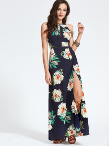 Navy Florals Open Back Bow Tie Slit Hem Dress