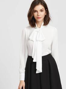 White Bow Tie Neck Curved Hem Blouse