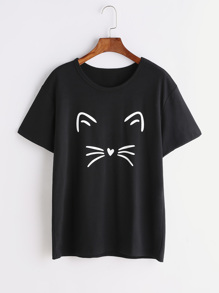 Black Cat Print T-shirt
