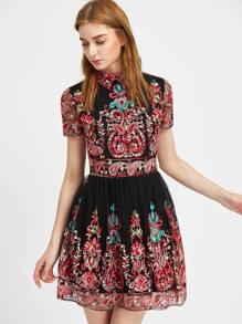 Black Embroidered Mesh Overlay Skater Dress