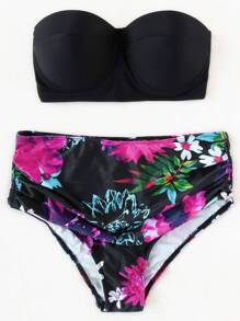 Black Floral Print High Waist Bustier Bikini Set