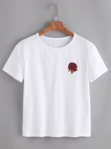 White Rose Embroidered Short Sleeve T-shirt