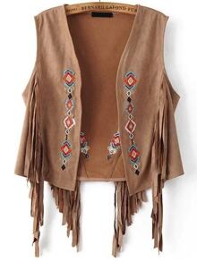 Geometric Embroidery Fringe Detail Suede Vest