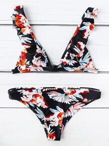 Black Flower Print Ruffle Strap Triangle Bikini Set