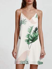 White Tropical Print Double V Neck Cami Dress