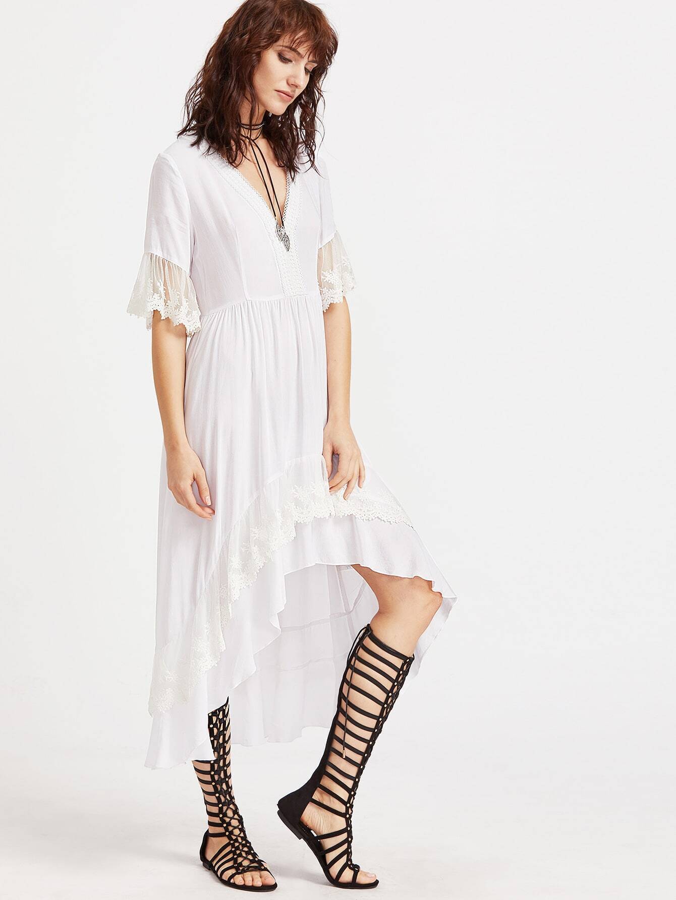 White Deep V Neck Lace Trim High Low Peasant Dress EmmaClothWomen Fast