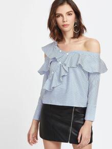 Blue Striped Asymmetric Cold Shoulder Ruffle Trim Top