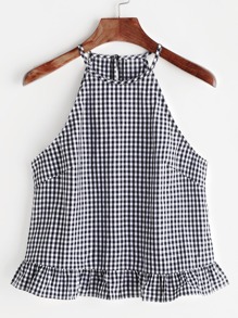 Black White Gingham Buttoned Keyhole Back Ruffle Halter Top