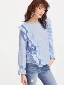 Blue Gingham Layered Ruffle Bell Cuff Top