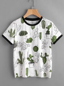 Cactus And Marble Print Ringer Tee