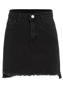 Black Raw Hem Denim Skirt