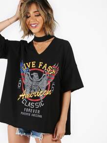 Black Cutout V Neck Drop Shoulder Oversized T-shirt