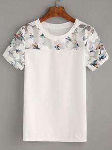 White Bird Print Mesh Insert Top