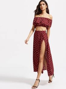 Polka Dot Ruffle Crop Top With Split Skirt