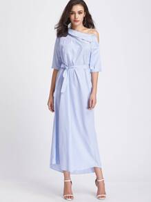Pinstripe Asymmetrical Off Shoulder Self Tie Dress