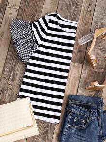 Striped T-shirt With Gingham Ruffle Sleeve