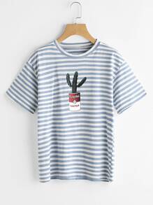 Contrast Striped Cactus Print Casual T-shirt