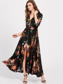 Smocked Waist Tassel Tie Button Up Botanical Dress
