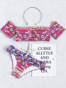 Graphic Print Bardot Bikini Set