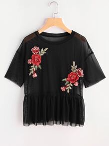 Drop Shoulder Flower Patch Tulle Peplum Top