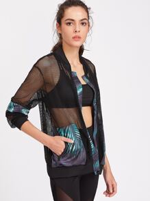 Tropical Print Contrast Trim Fishnet Mesh Jacket