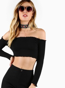 Rib Knit Off Shoulder Crop Top BLACK